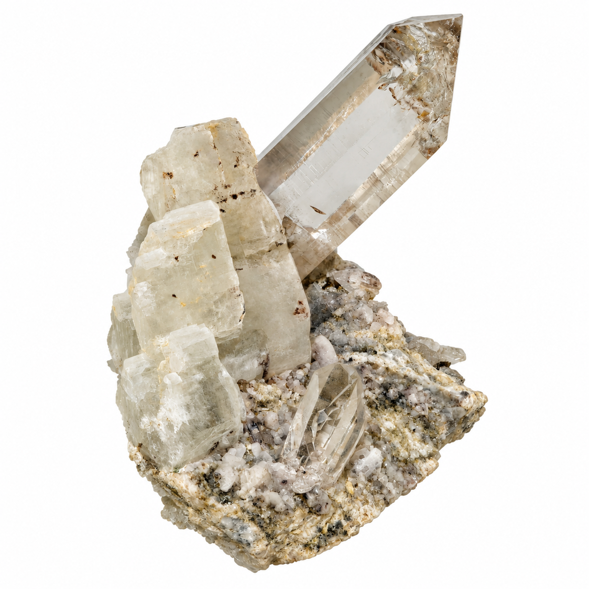 Quartz crystal group with Adularia from the Fiescher Glacier (7.5 cm x 7.4 cm)