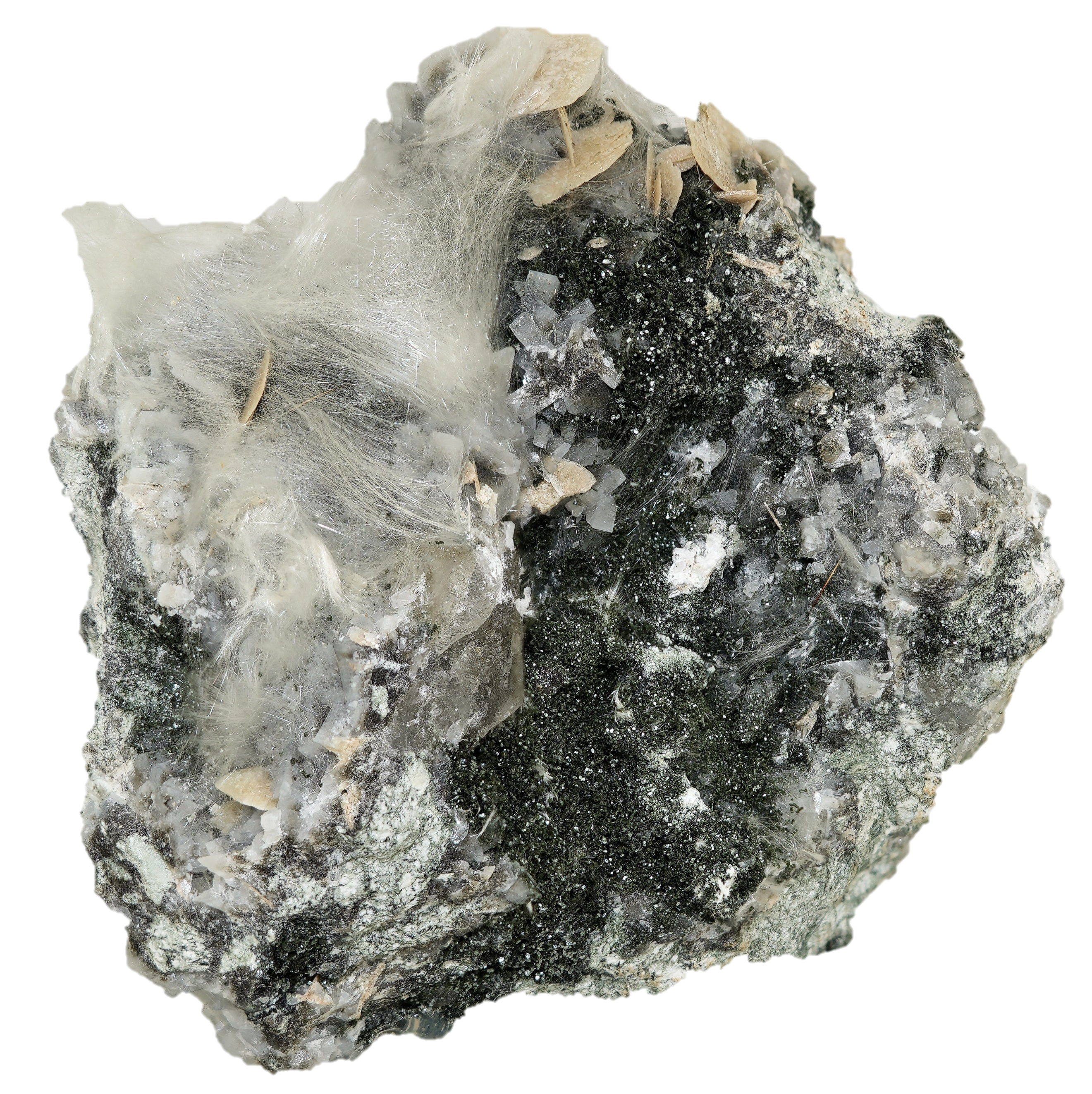 Adular Stufe mit Byssolith & Titanit vom Gotthard Gebiet (8.5 cm x 7.8 cm)