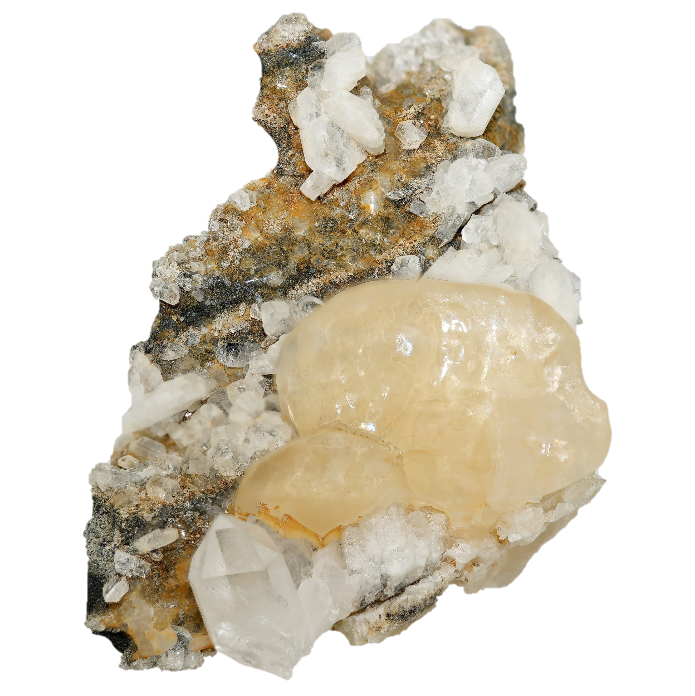 Albit Gruppe mit Calcit & Quarz aus dem Scharans Gebiet (8.0 cm x 5.5 cm)