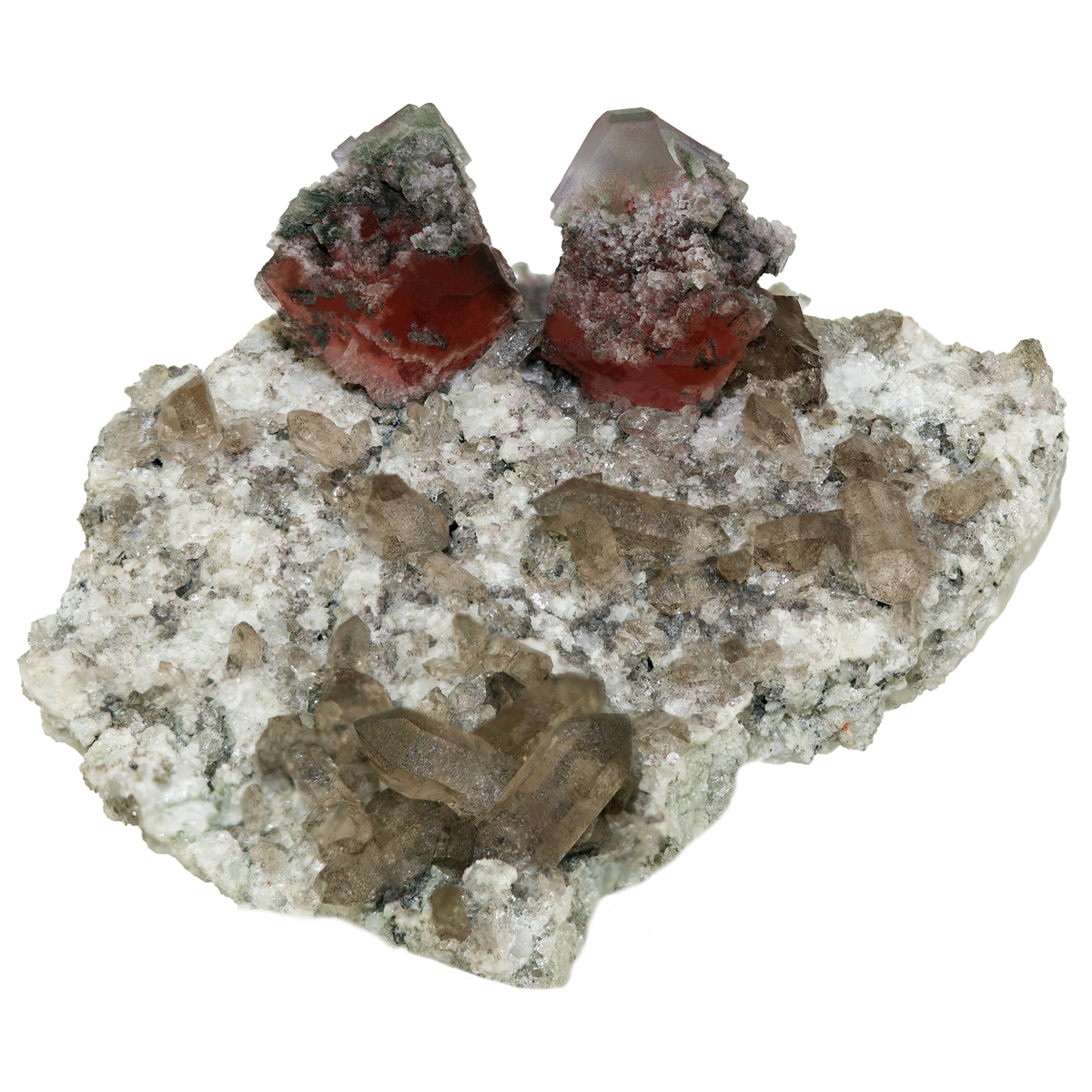 Zweifarbige Fluorit Gruppe mit Rauchquarz von der Göscheneralp (8.2 cm x 6.8 cm)