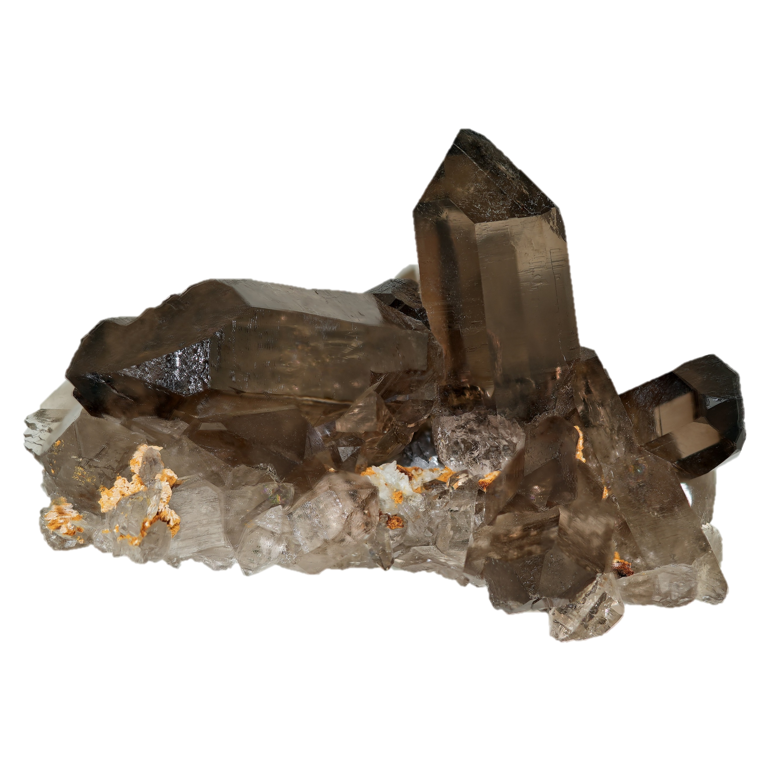 Rauchquarz Gruppe mit Siderit vom Galmihorn (6.7 cm x 6.1 cm)