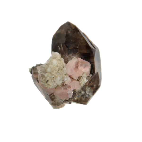 Rosa Fluorit mit Adular auf einem Rauchquarz Kristall von der Göscheneralp (3.0 cm x 2.7 cm)