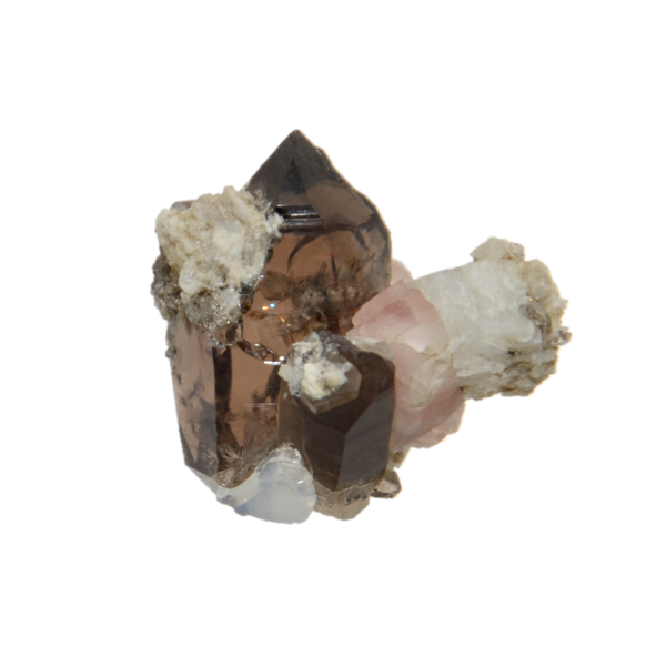 Rosa Fluorit mit Adular auf einem Rauchquarz Kristall von der Göscheneralp (3.0 cm x 2.7 cm)
