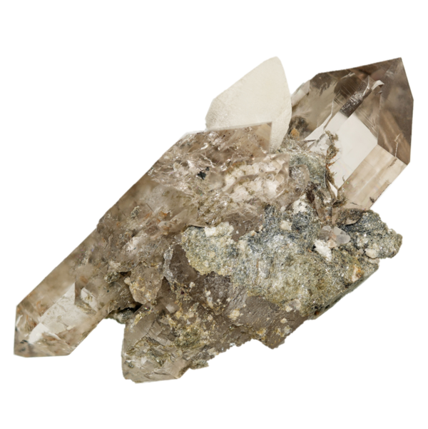 Bergkristall Doppelender mit Calcit aus der Cavradischlucht (7.5 cm x 4.0 cm)