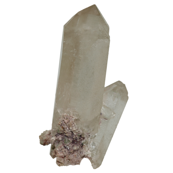 Bergkristall Doppelender mit Calcit vom Mont Blanc (9.2 cm x 5.5 cm)